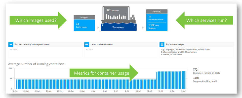 Dynatrace gives us a high level overview of all images, container and container hosts with drill down capabilities to each container