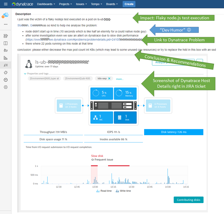 Internal Jira ticket documenting the root cause of flaky tests, including recommendations and native dev humor 😊