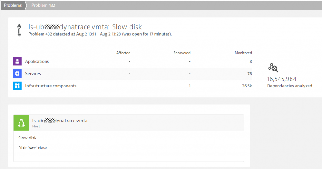 The automated problem detection caught that slow disk issue by analyzing 16Mio dependencies and measures from our 26.5k monitored infrastructure components!