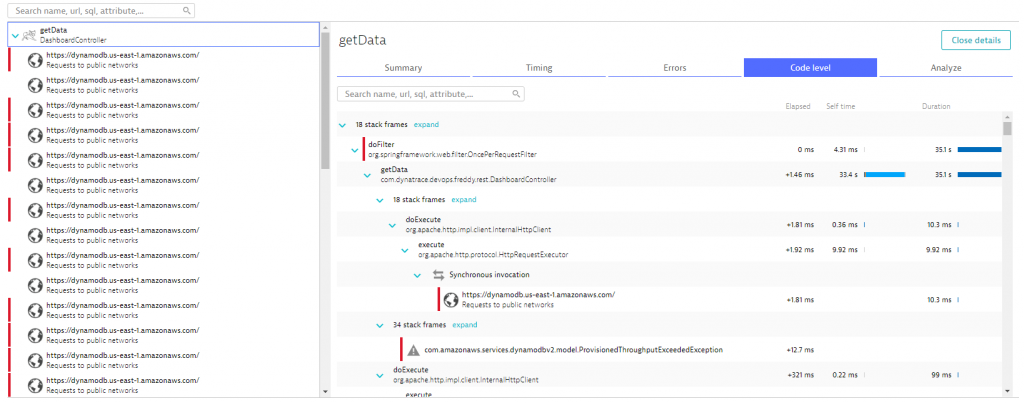 PurePath provides Code level details with timing information, call sequences as well as exception information.