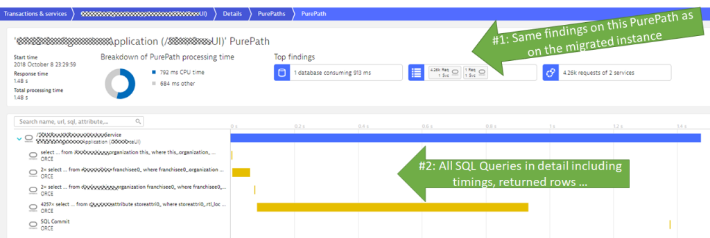 PurePath of our OnPremise instance shows the same problem as the migrated version!