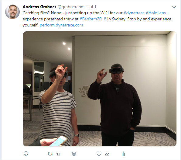 Two of my colleagues diving into the Dynatrace HoloLens experience!