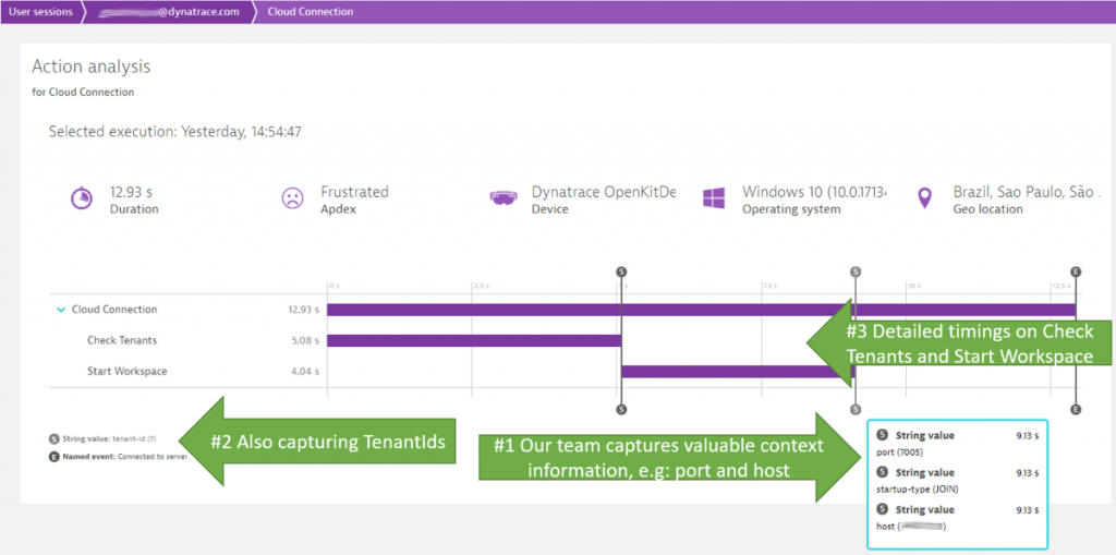 User Action Details show how long Check Tenants and Start Workspace took. It also highlights to which tenant, host and port the HoloLens tried to connect