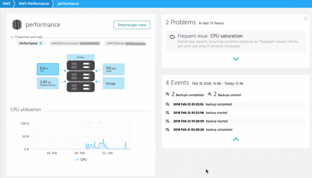 Dynatrace automatically monitors RDS, is aware of frequent CPU saturation problems, sees backup events and applies the AWS Tags to this monitored entity