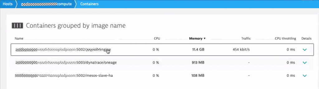 Easy overview of all containers overall, grouped by image or by host. All these metrics are also automatically fed into the Dynatrace AI for automatic anomaly detection.