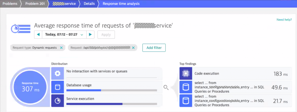 Response time analysis highlights the top hotspots down to SQL statements, queue access, service calls or method execution.