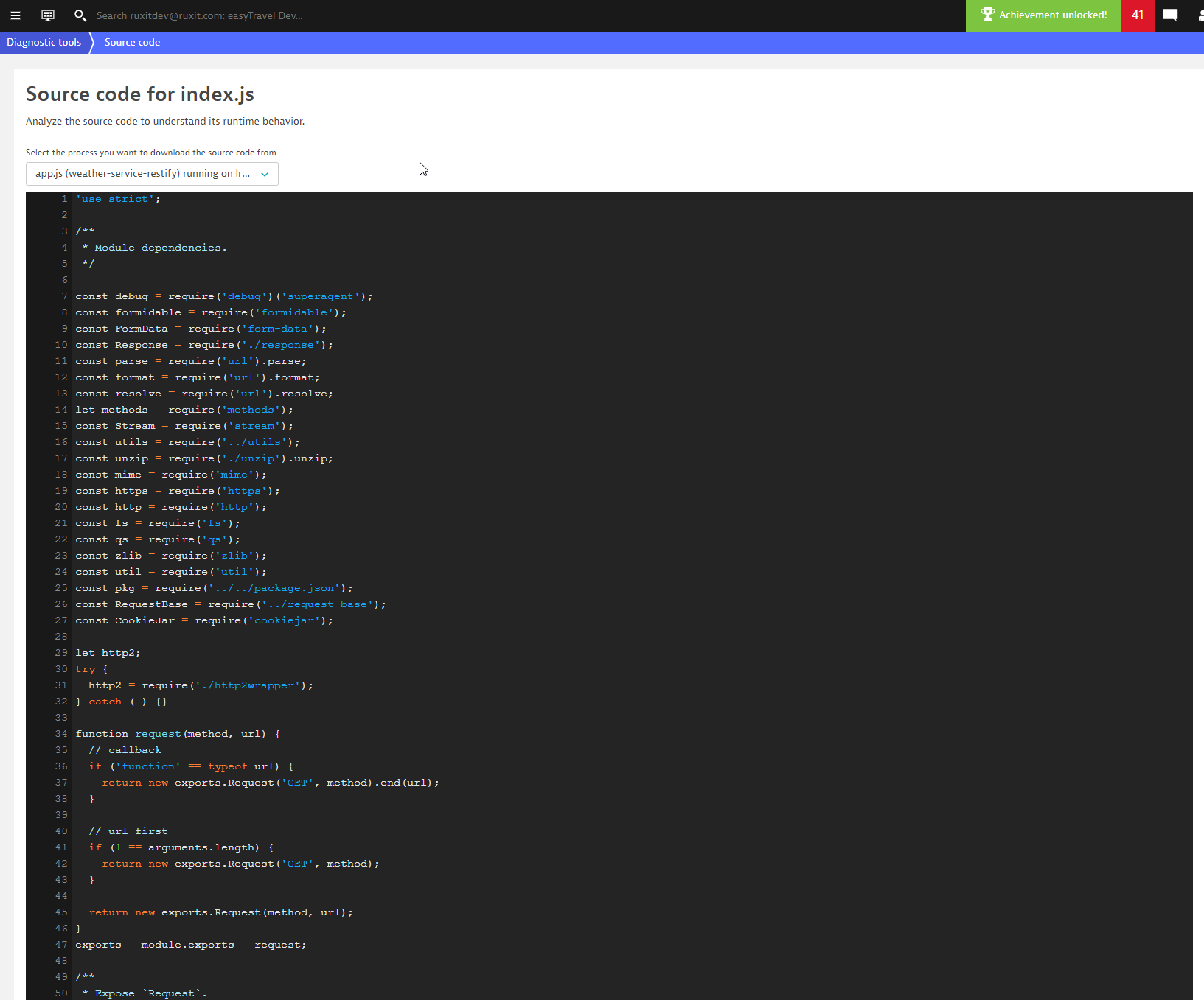Node.js source code in Dynatrace
