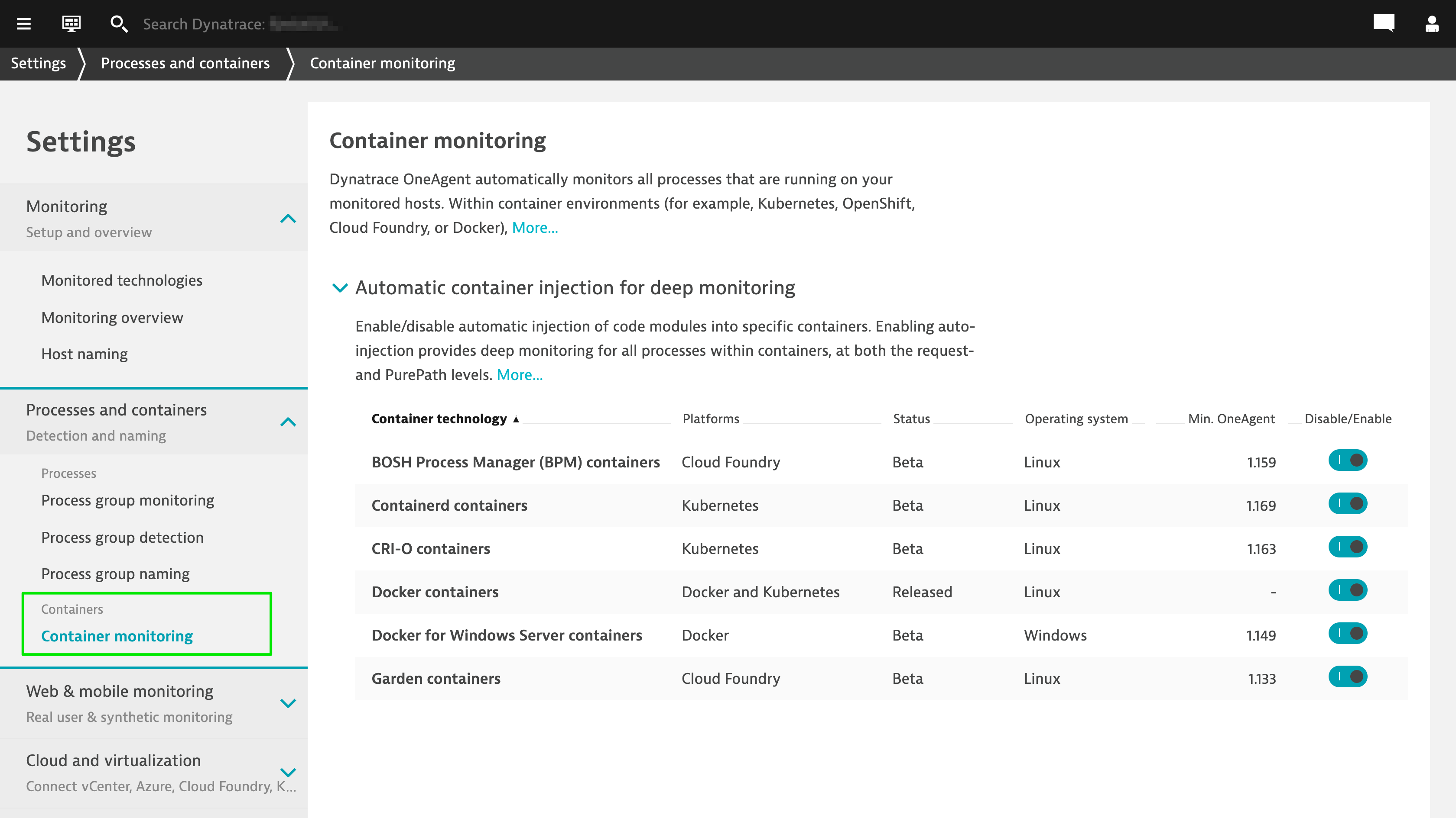 New container monitoring settings page