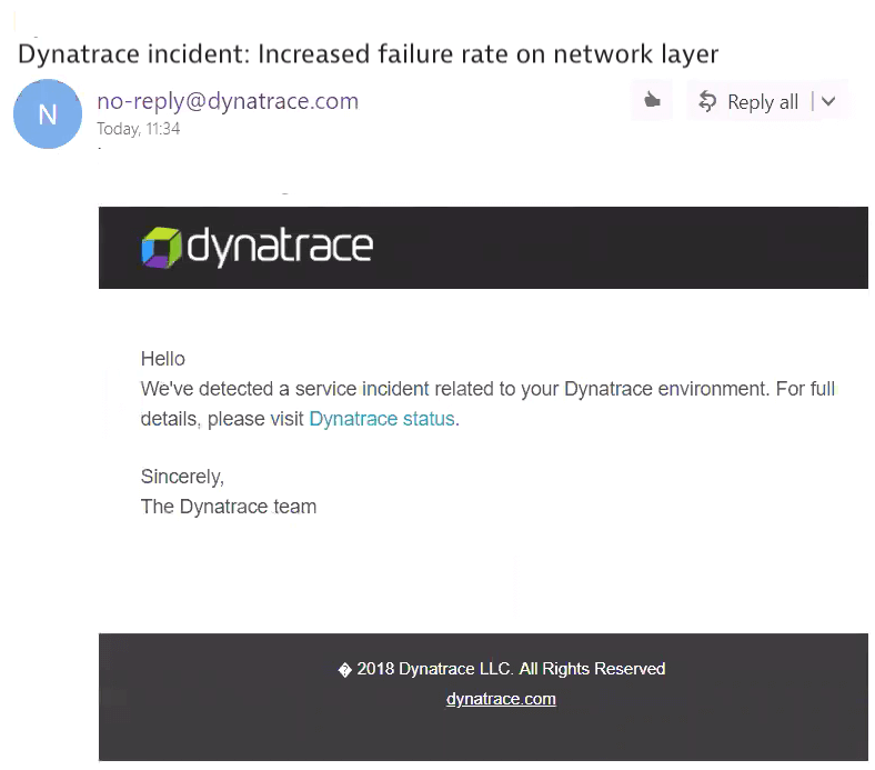 Dynatrace incident sample email