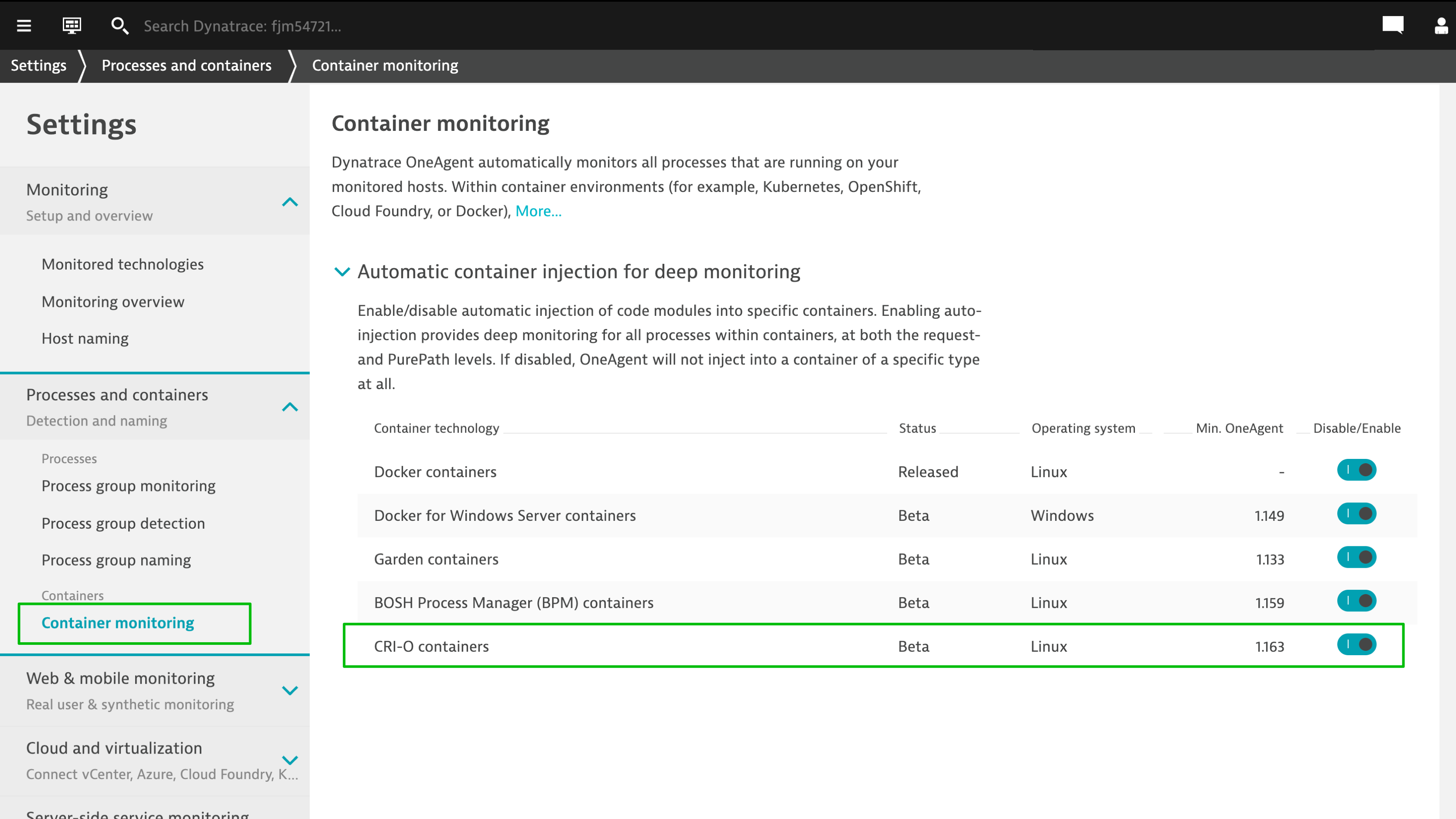 Container settings