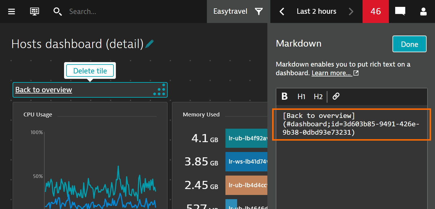 Linking to another dashboard using the Markdown tile
