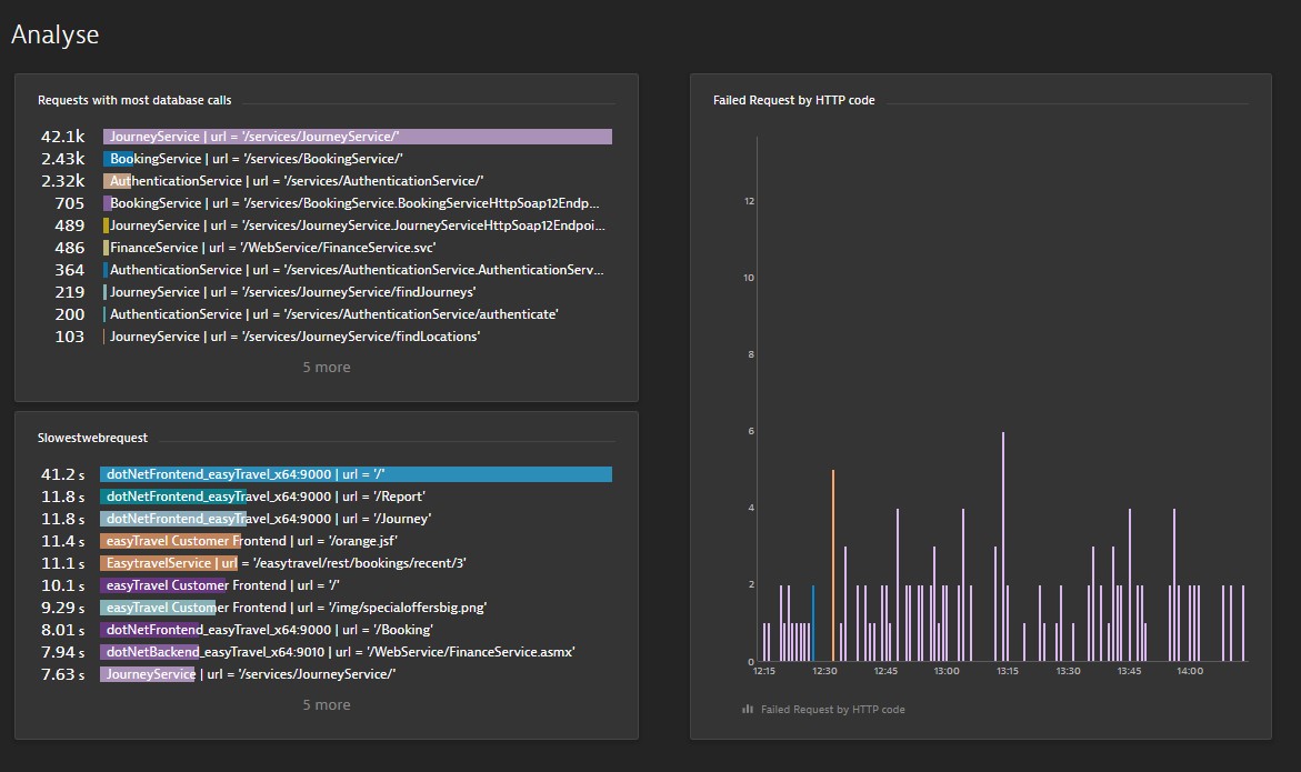 Dashboard with custom metrics for slowest/failed requests and most db calls