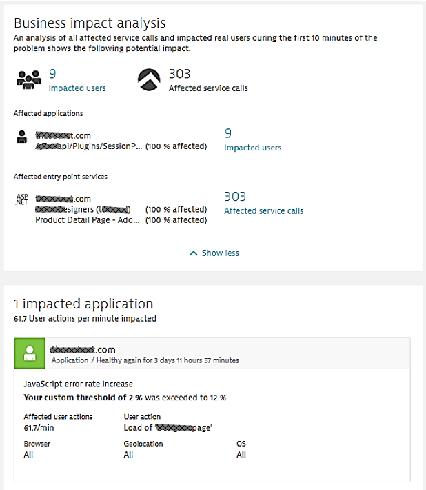 The Problem Impact details tell the Ops Team that there is a 12% failure rate when loading a key product page and that it impacts 9 active users. This helps with classifying the incident into Sev1, Sev2, Sev3 …