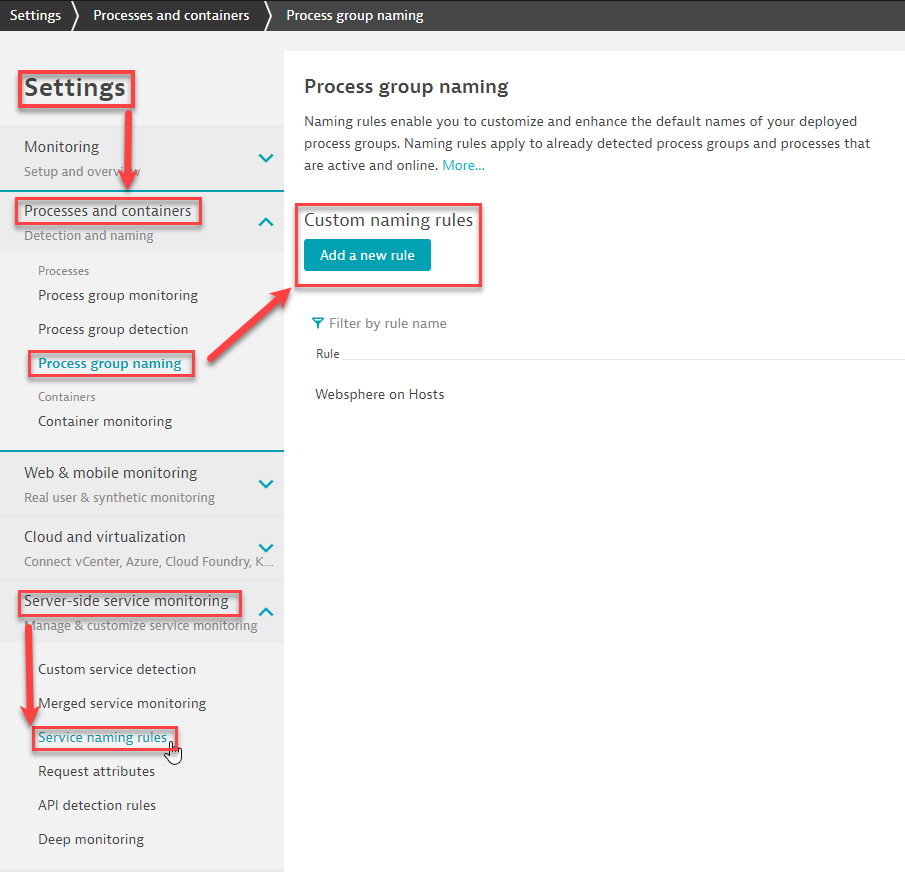 Find the configuration sections for custom service and process group names in the Settings menu