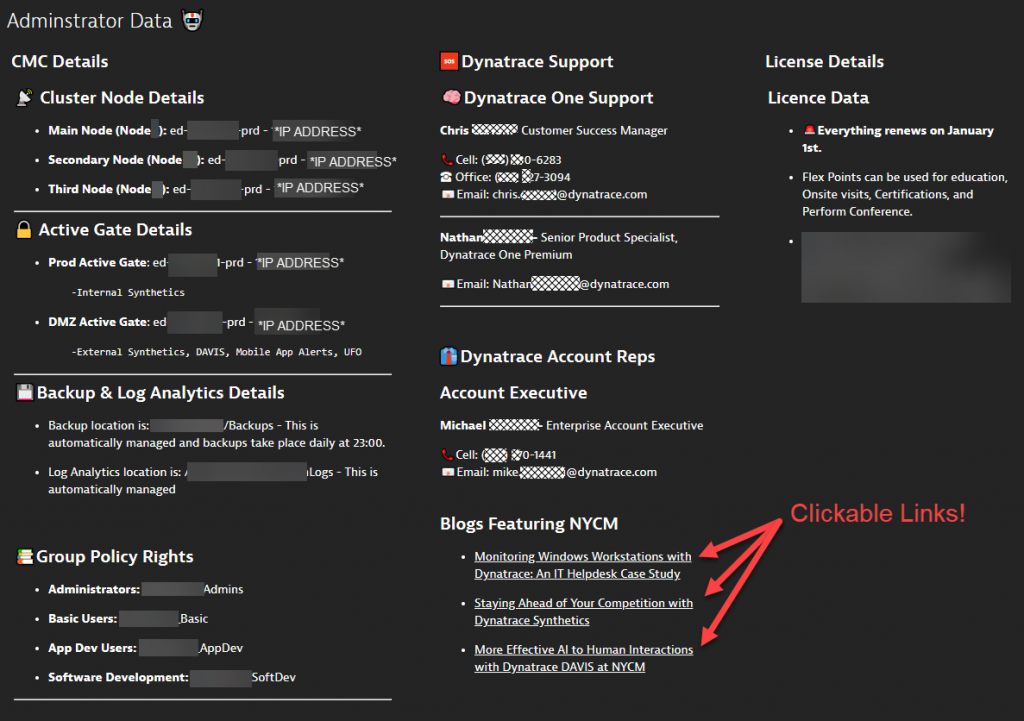 Markdown Usage #2: Essential Information for Dynatrace Administrators: Links, Contacts, Phone Numbers …