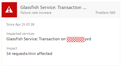 Dynatrace detected failure rate increase in a specific Glassfish instance and also highlights the current impact this issue has!