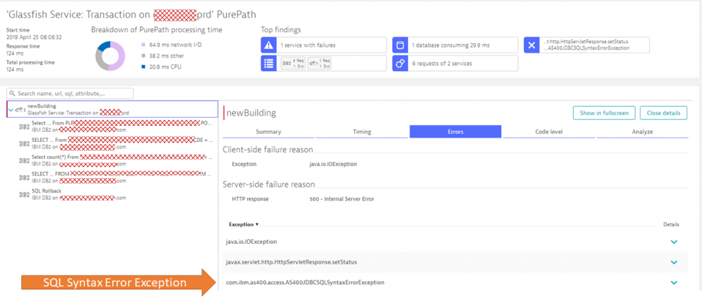 The PurePath shows us all details about the incoming requests, all execute SQL Statements and the exceptions were thrown in this transaction.