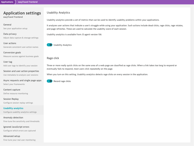 Dynatrace screenshot Application settings - Usability Analytics