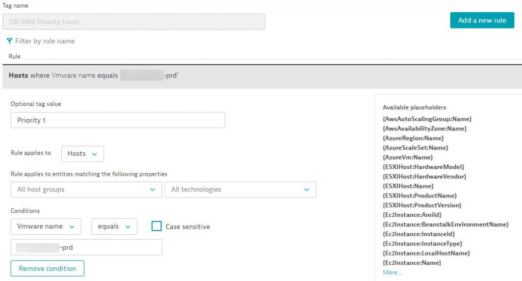 Auto Tagging Rule for VMWare hosts matching the DR-SRM Naming Convention! Will tag each host with “DR-SRM Priority Level: Level X”