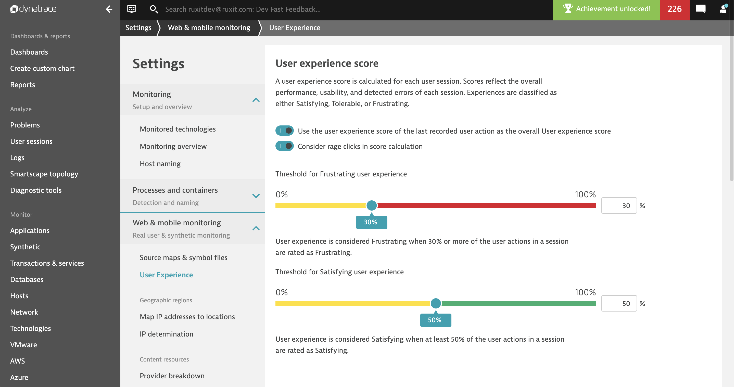 Threshold configuration for UX score