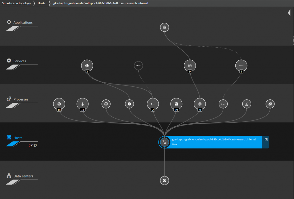 Dynatrace Smartscape of my GKE node: live dependency from host, pods, services and applications