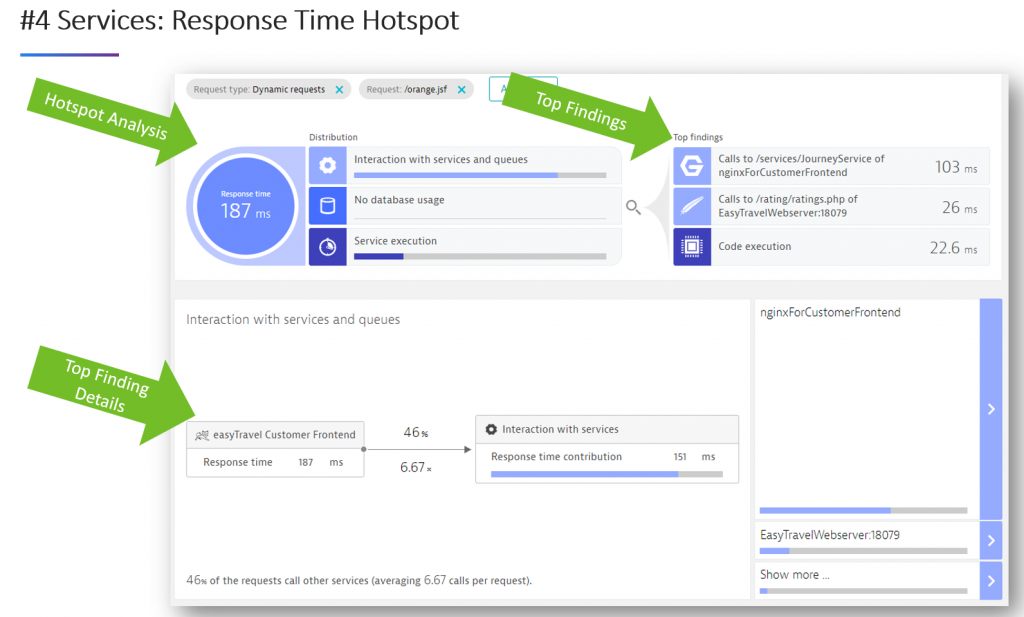 Most performance problems in distributed architectures happen on service and service-2-service layer. Dynatrace provides top findings on where your hotspots are!