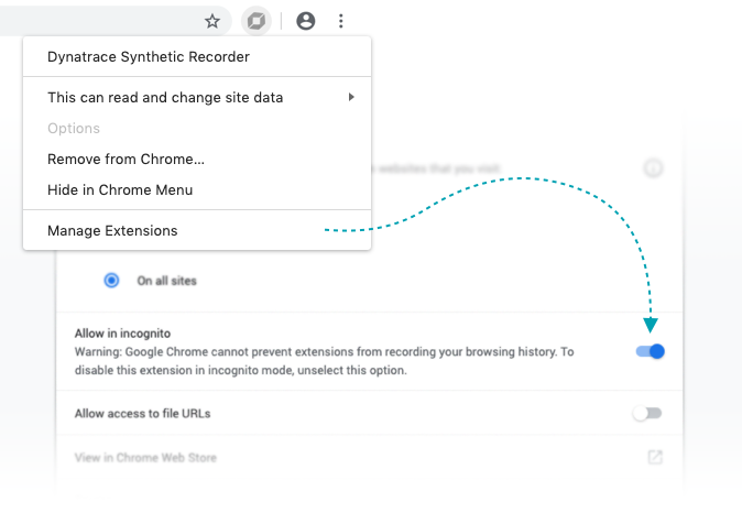Allow in incognito permission for the Dynatrace Synthetic Recorder Chrome extension