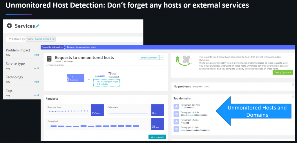 Dynatrace automatically highlights hosts, services and external domains that are currently not monitored!