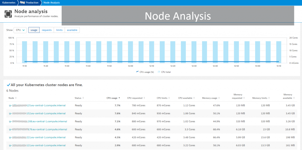 The node analysis view makes it easy to spot deployment imbalances as well as misconfigured and unhealthy nodes