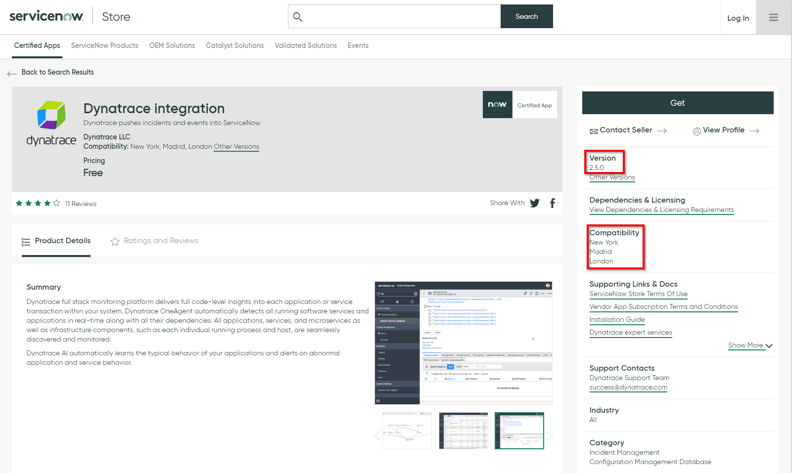 Dynatrace integration for ServiceNow in the ServiceNow marketplace