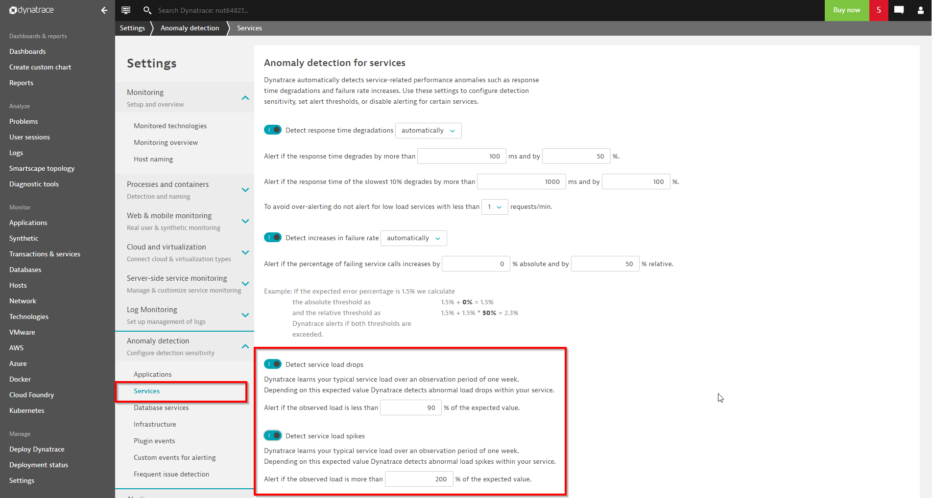 Alert settings for service load drops