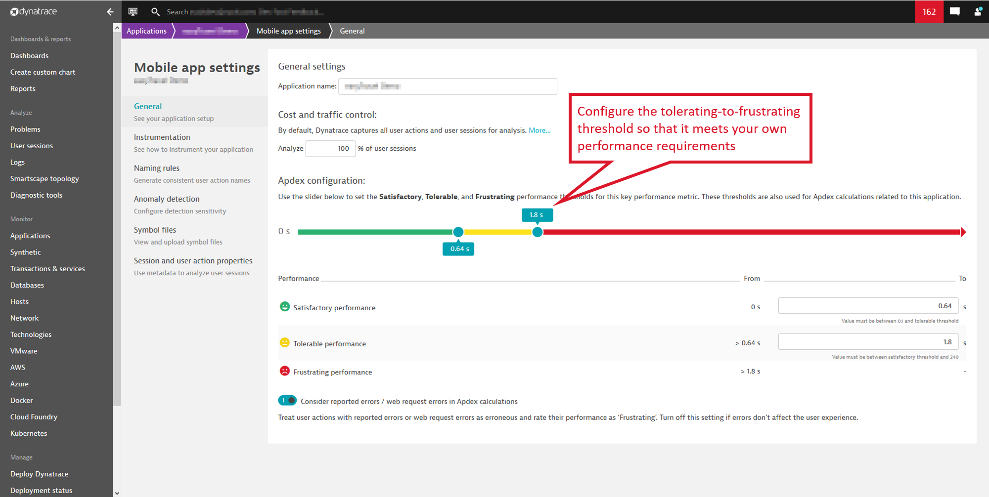 Configurable Apdex settings for mobile applications