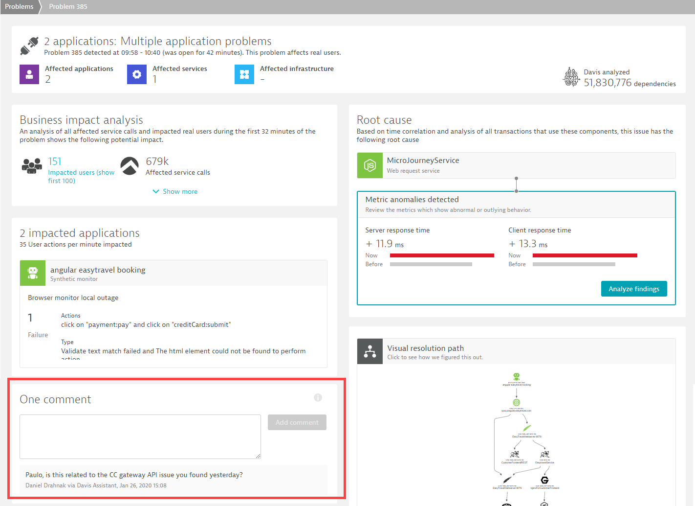 Problem comment mirroring and root-cause analysis in Dynatrace