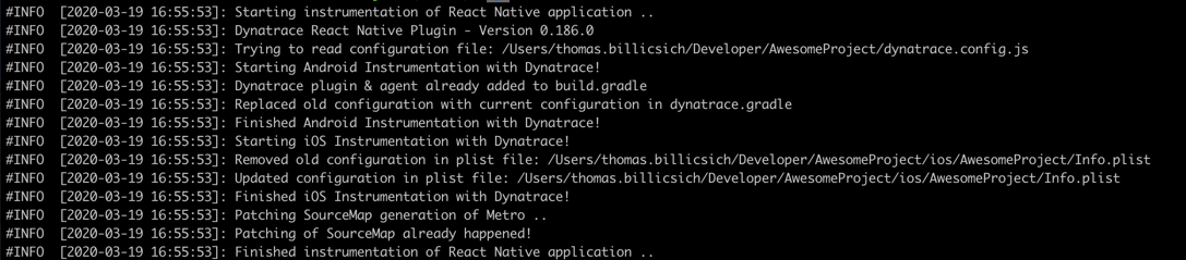 OneAgent log output for successful instrumentation