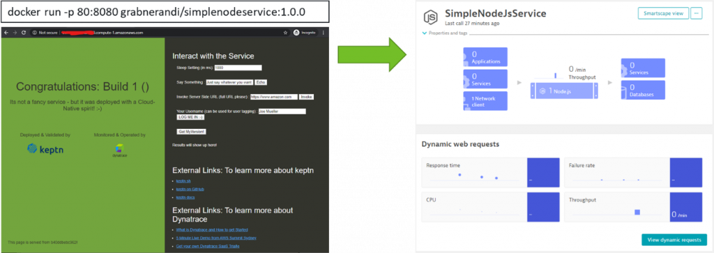 Once the application is deployed we get to see it in Dynatrace under “Transaction and Services”, e.g: SimpleNodeJsService