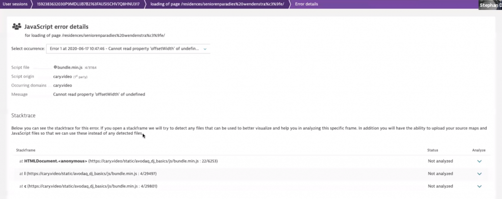 JavaScript errors with detailed stack traces are captured in the context of individual users that were impacted by this issue