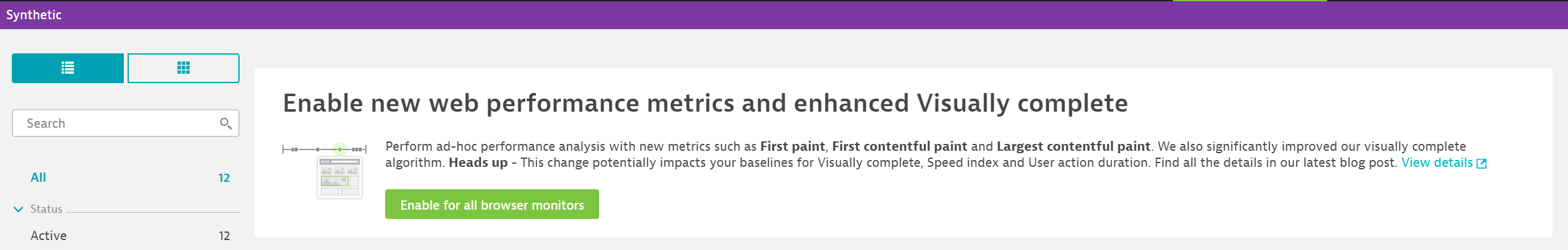 Enable to new web performance metrics from the Synthetic monitors page