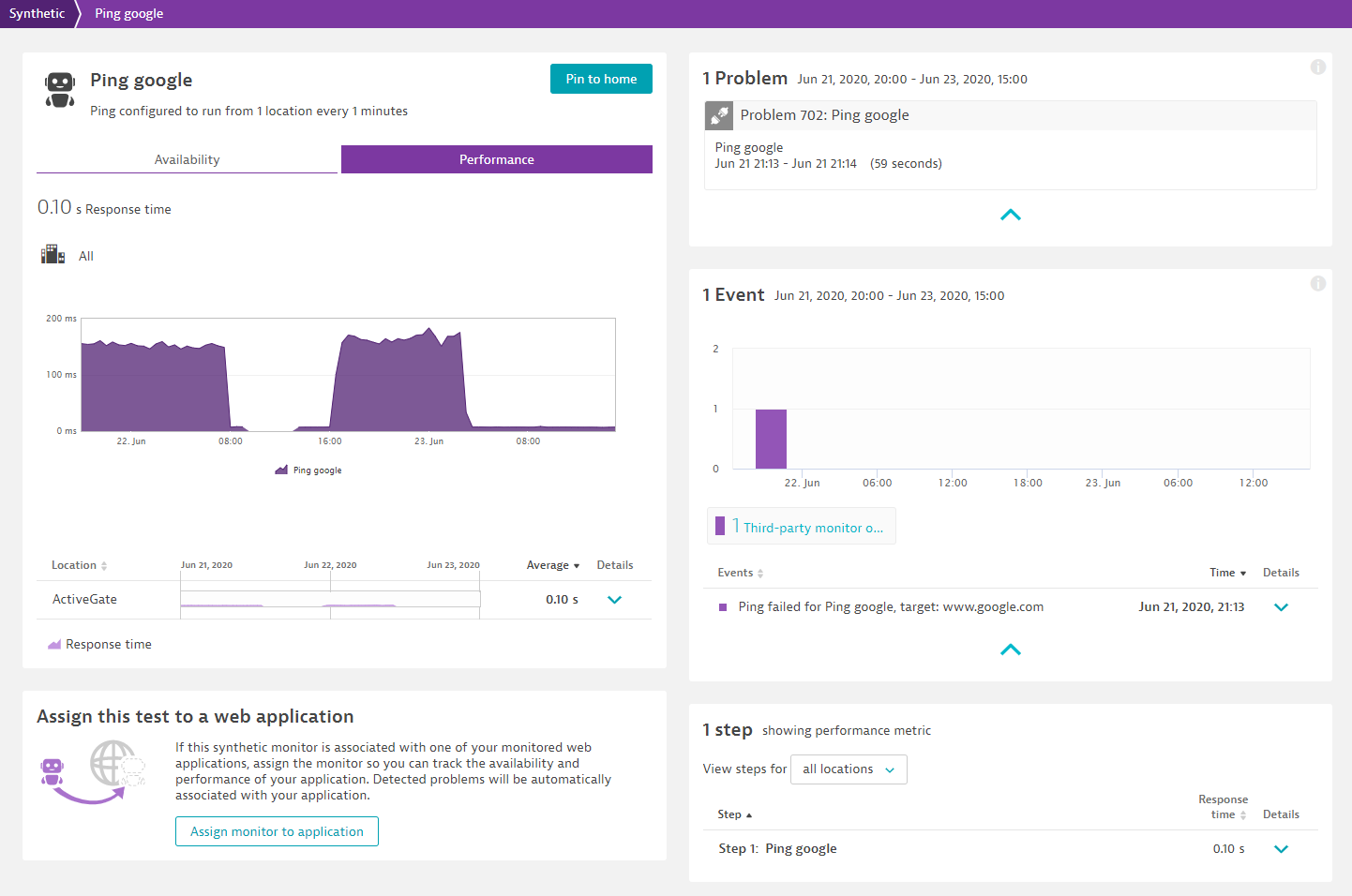 Screenshot Dynatrace ping google