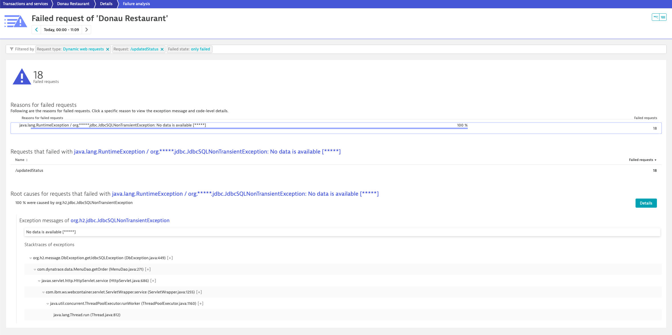 Failed request analysis showing root cause