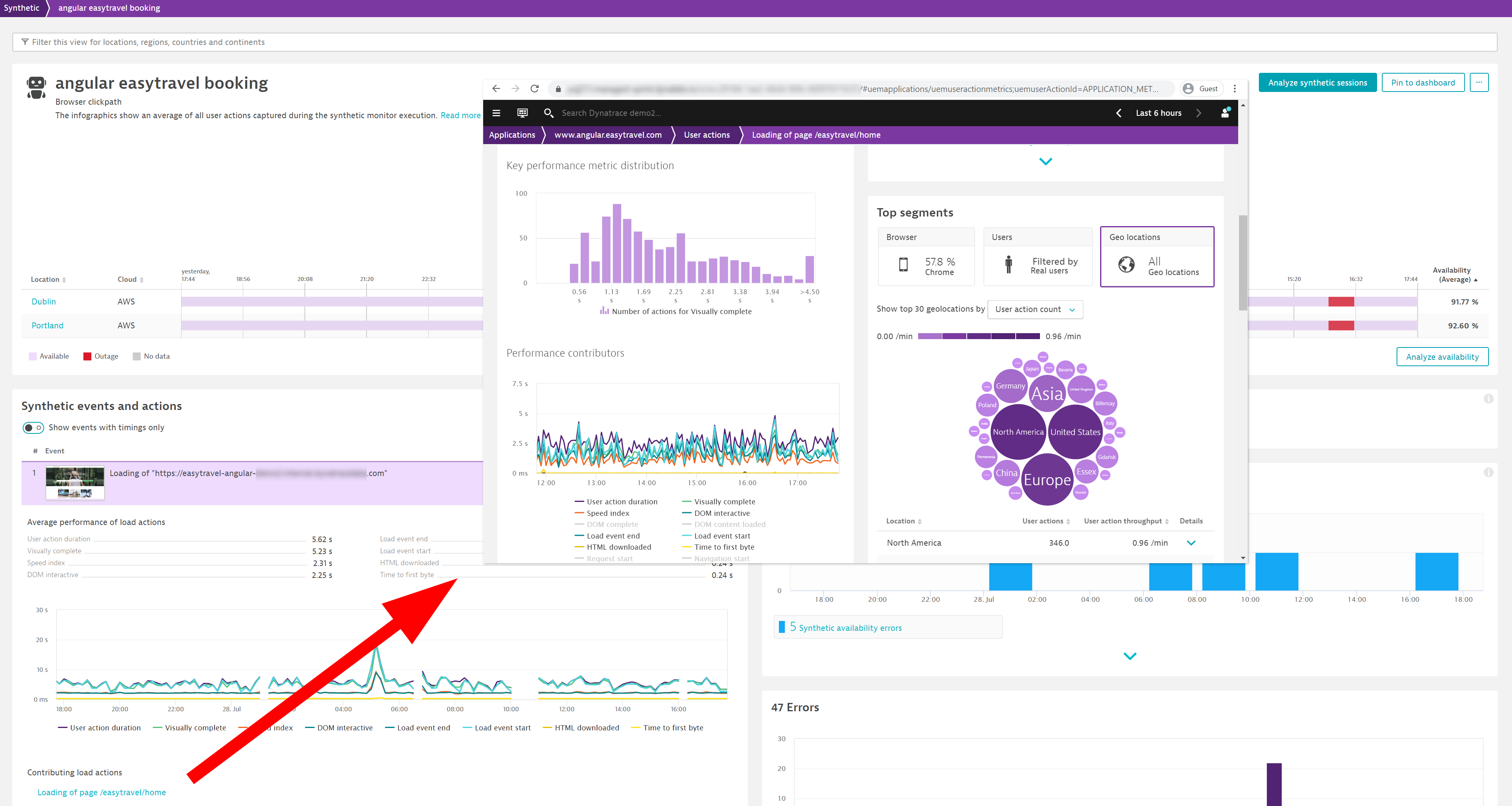 Access the corresponding real user action from a synthetic event on the Synthetic details page