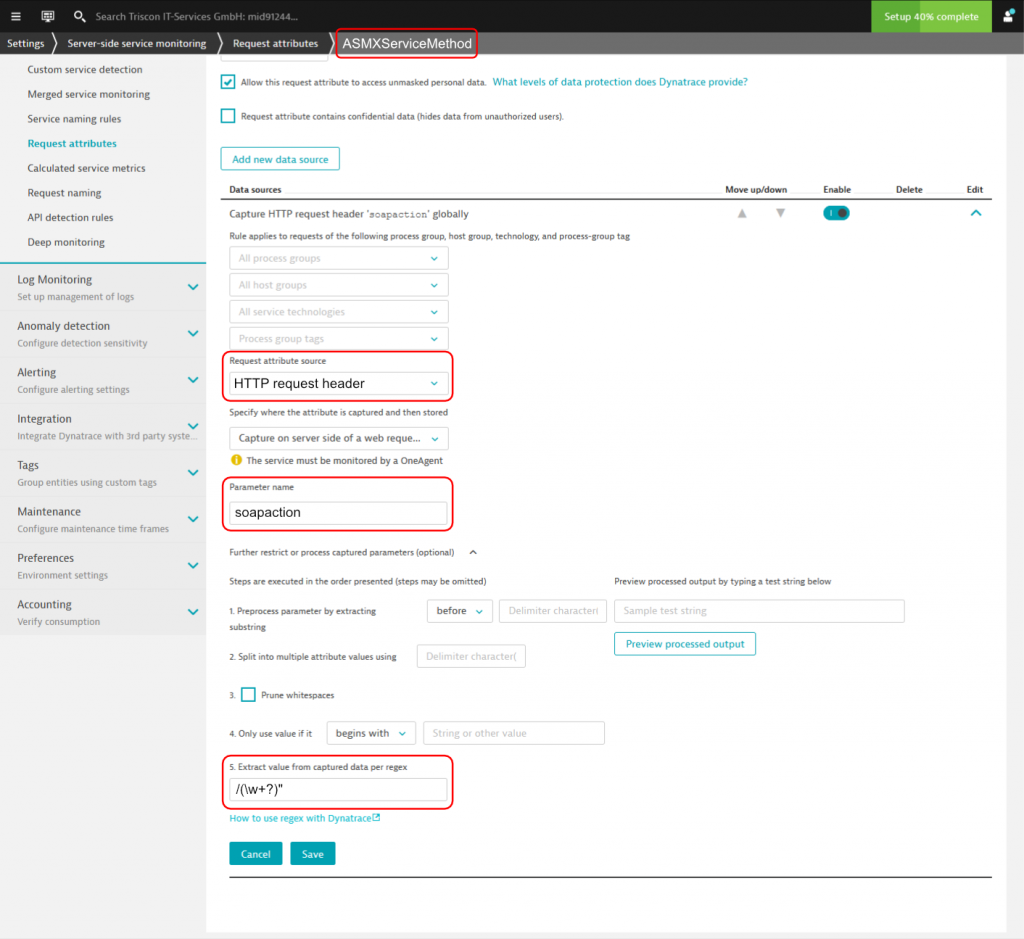 Dynatrace Request Attribute configuration that extracts the ASMX web service method name from the soapaction HTTP Header