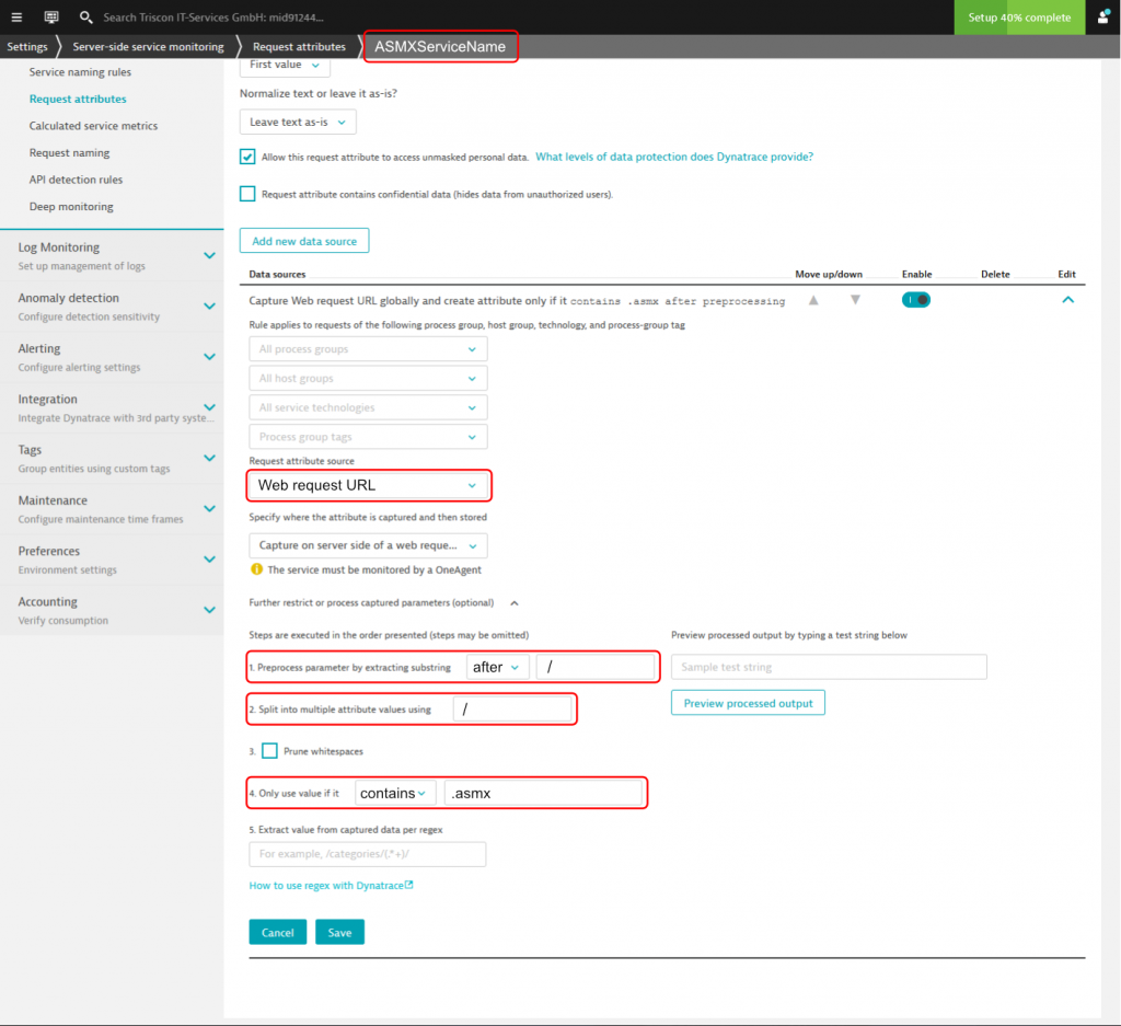 Dynatrace Request Attribute configuration that extracts the ASMX web service name from the URL