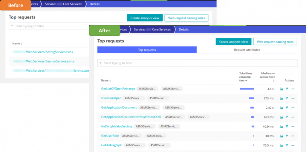 Naming rules based on request attributes give the needed visibility into the captured PurePaths