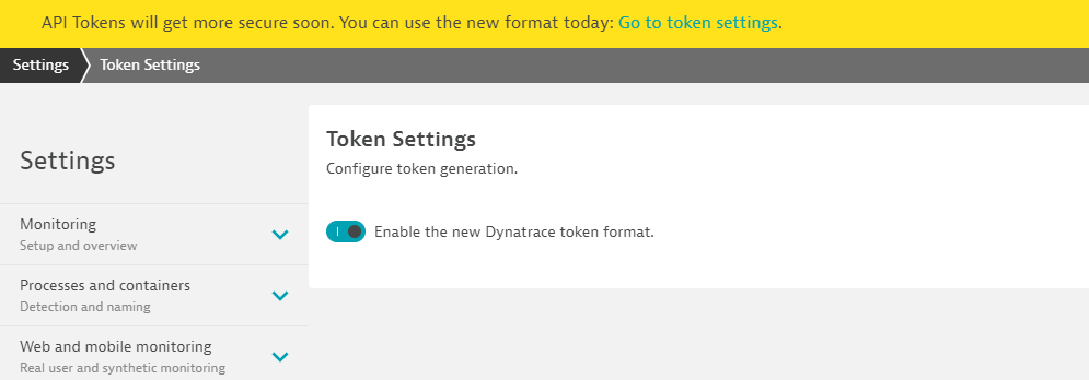 Screenshot Dynatrace Token Settings