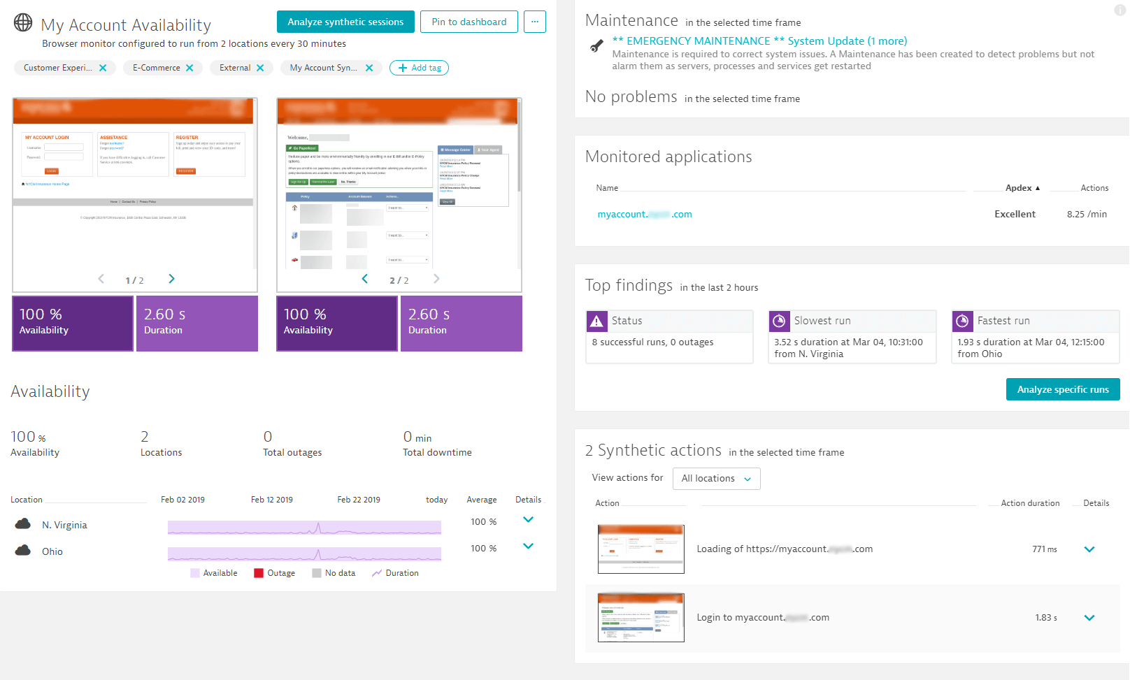 The Synthetic Browser Test Result give insights into availability, response time, failures across all tested regions. It also highlights top findings and gives drill down options for each test and test step