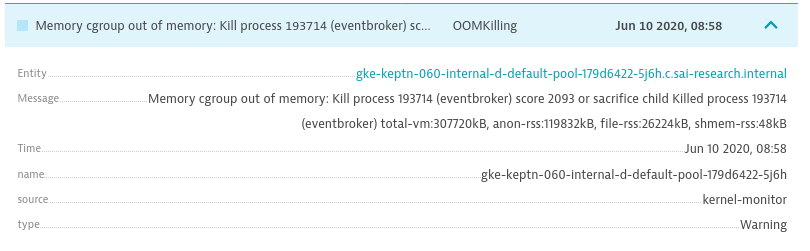 Dynatrace shows us all relevant information about k8s events such as out of memory killing