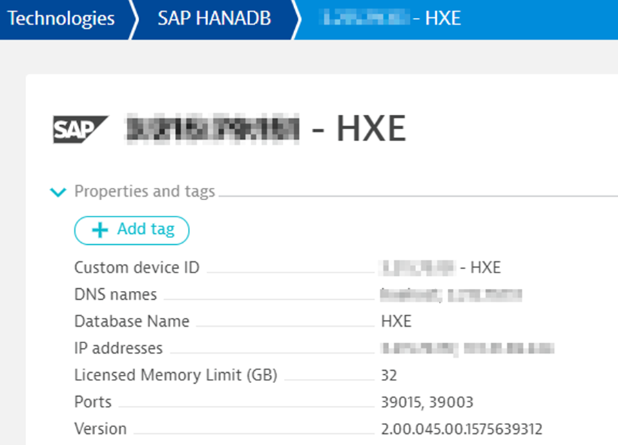  Dynatrace SAP HANA DB Device Properties