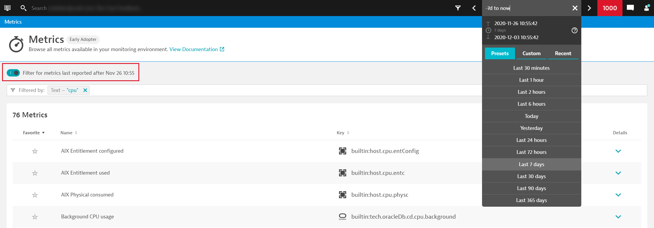 Metric timeframe filter toggle