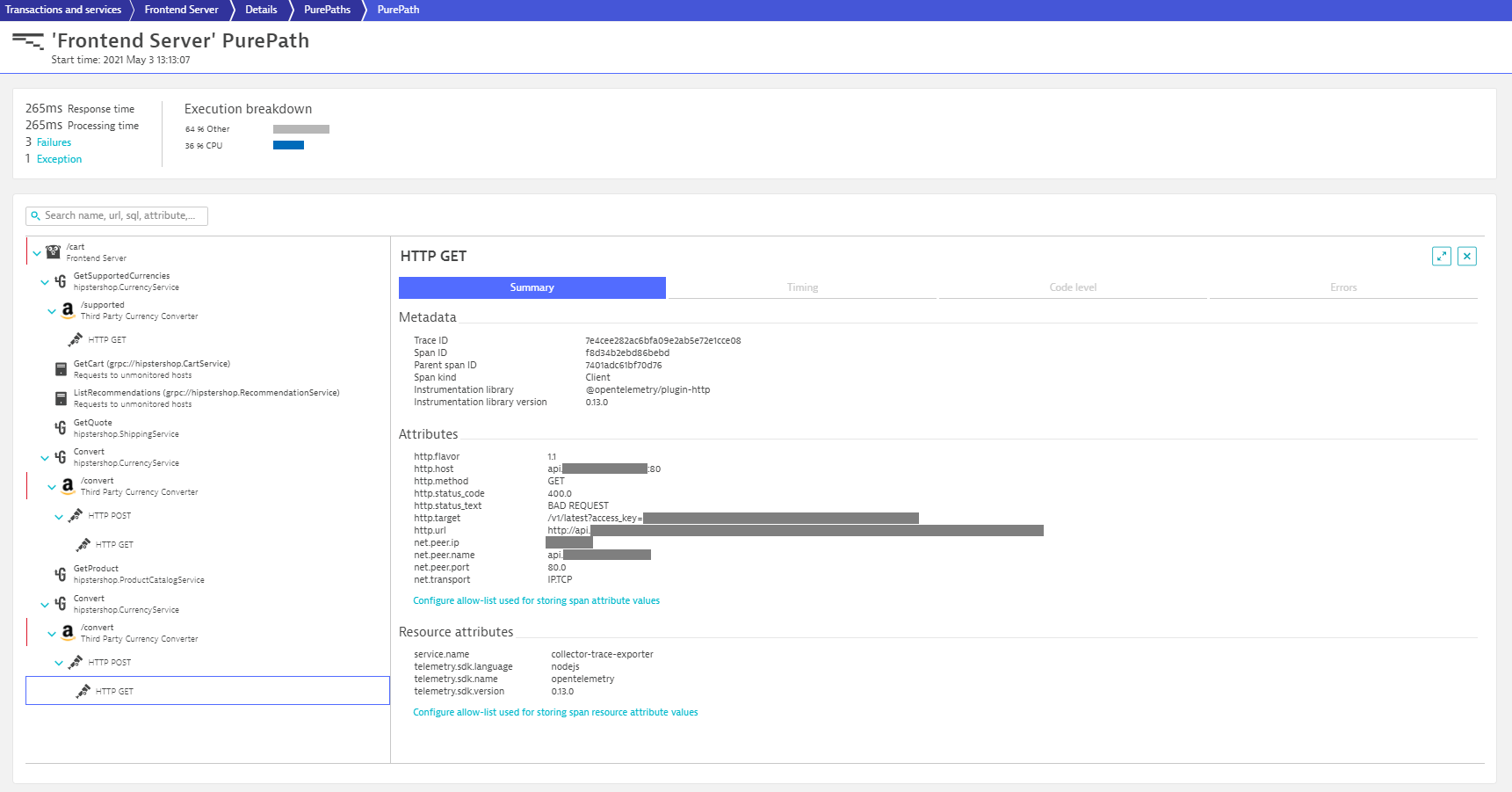 Dynatrace provides observability for ingested OpenTelemetry traces