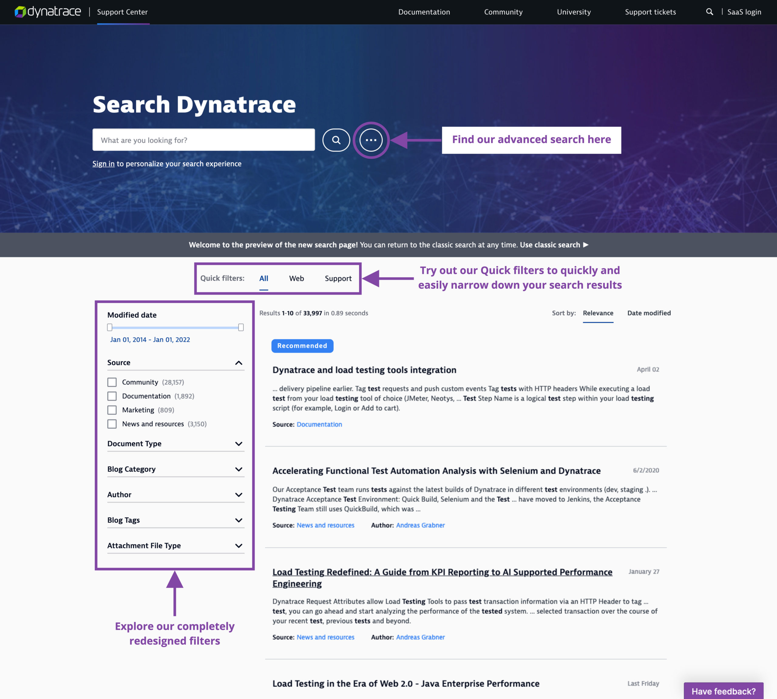 Screenshot of Dynatrace's new search experience